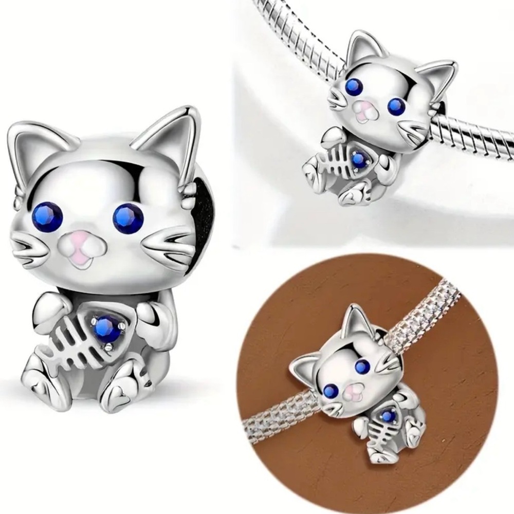 Sterling Silver Fishbone Cat Charm with Blue Accents - Picture 8 of 11